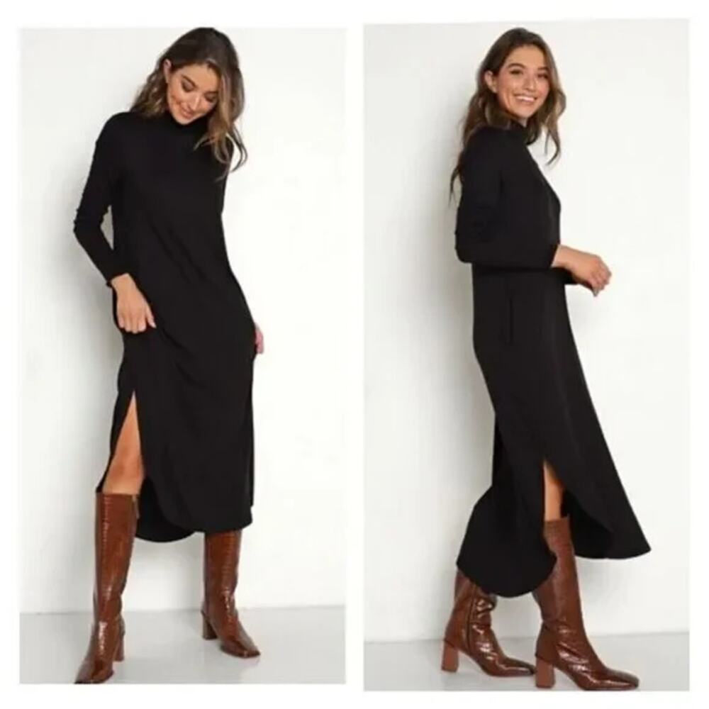 Show Me Your Mumu Dress Womens Small Sutton Midi‎ Black Ribbed Long Sleeve Mock